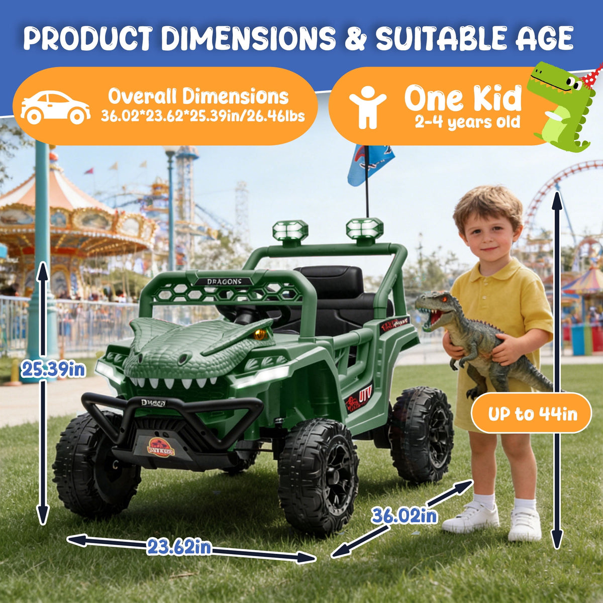 12V Dinosaur Ride on Car for Toddlers Ages 2-4, Kids Electric Ride on Toy with Remote Control, 2.49-3.11 MPH, Dual 35W Motors, Bluetooth, USB, LED, 4 Wheel Suspension Electric Cars for Kids, Green