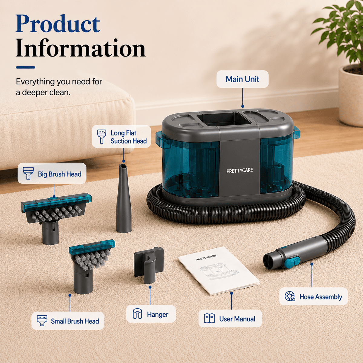 PrettyCare Portable Carpet Cleaner Machine, Rug Cleaner, 20Kpa Carpet Shampooer for Deep Cleaning, Upholstery & Pet Stain Remover, Ideal for Rug & Carpet, BY32A