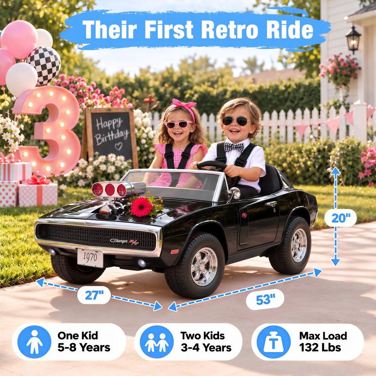 iYofe 24V 2 Seater Licensed 1970 Dodge Charger R/T Powered Ride on Cars, Kids Electric Toys Car with Remote Control, 4 Wheels Spring Suspension, Black