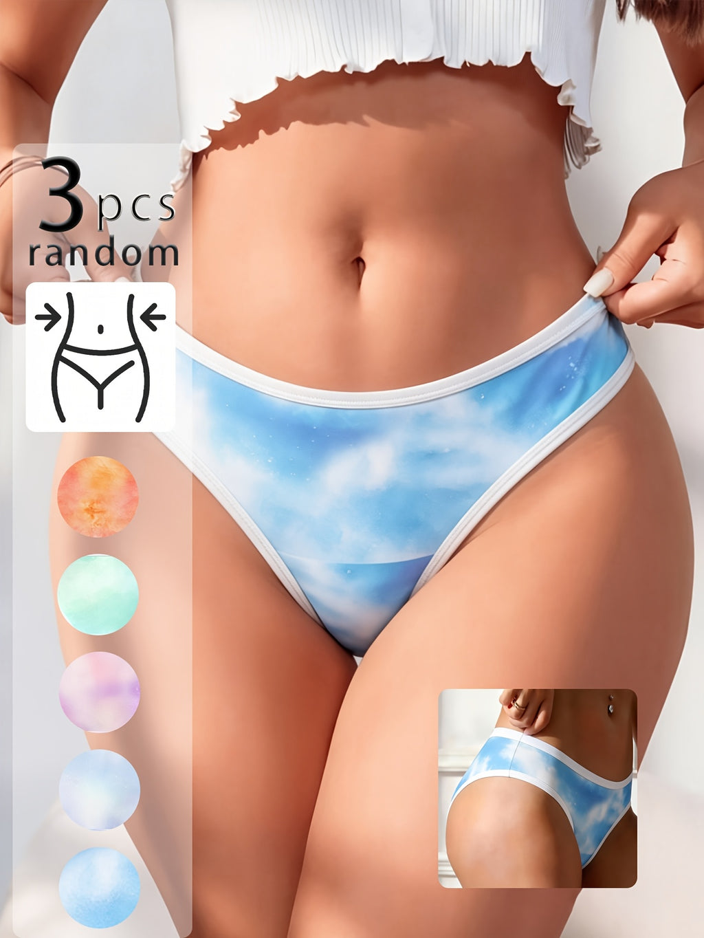 3-Pack  Tie-Dye Cloud Print Bikini Panties, Low Rise, High Stretch,