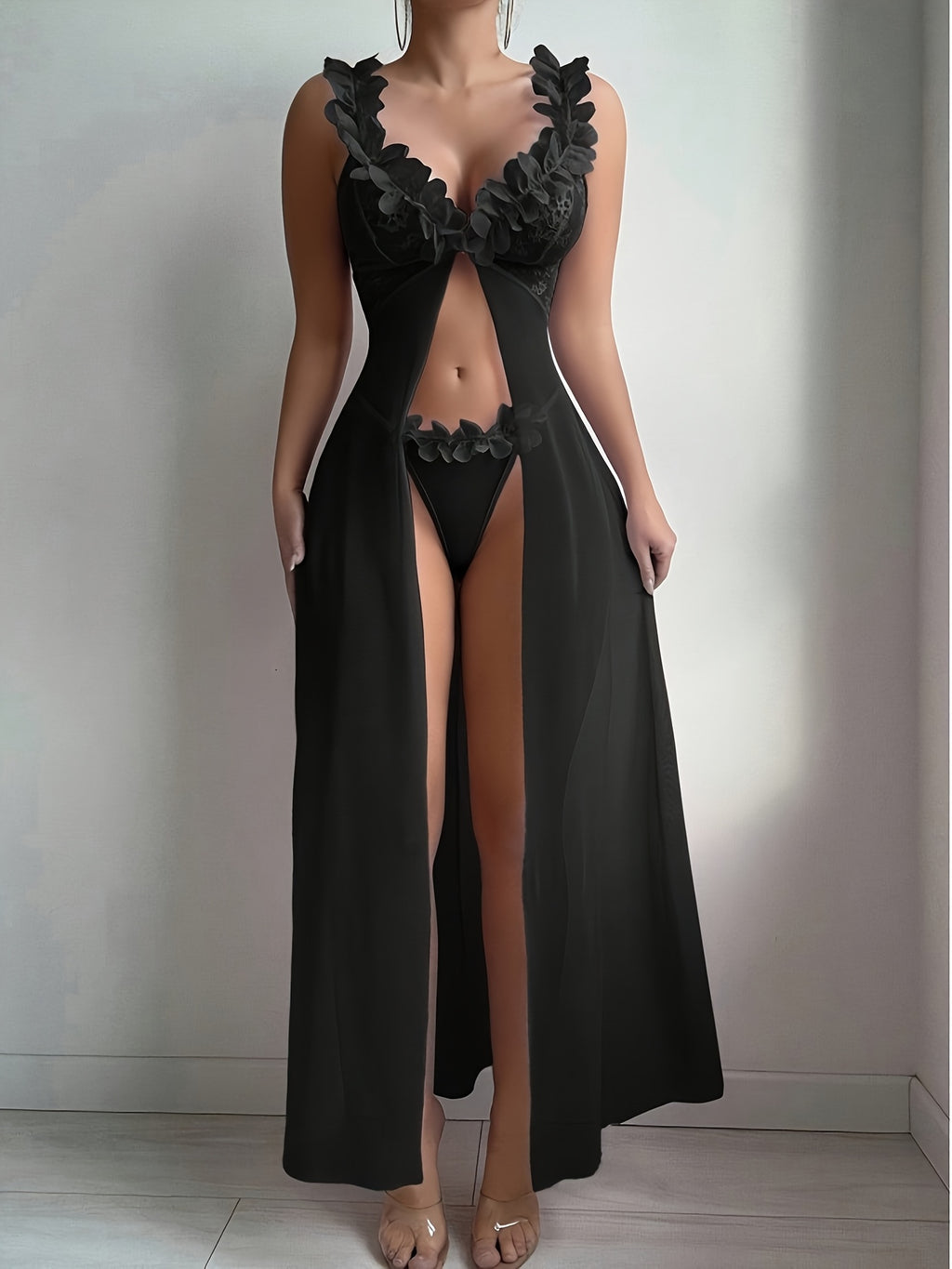 2pcsFloral Lace Cami Dress Set,