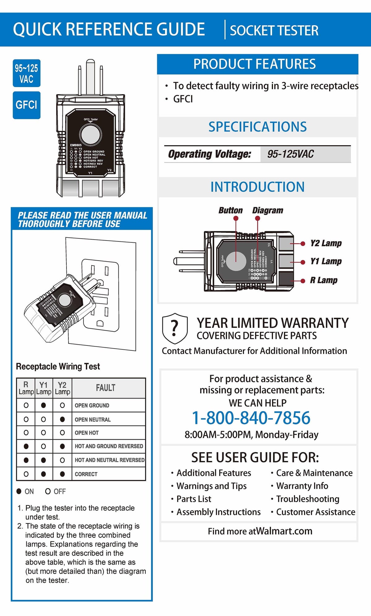 Hyper Tough GFCI Receptacle Tester with Wiring Fault Indicator, 95–125V AC