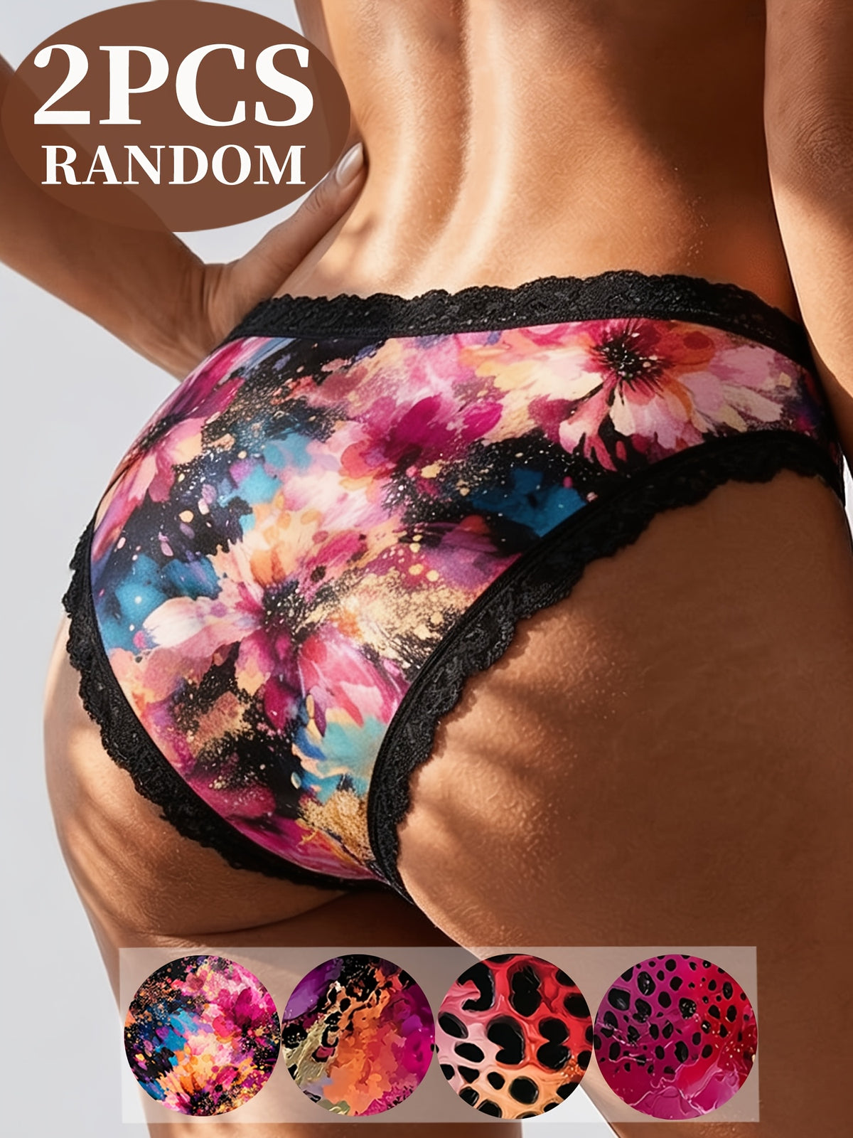 Random 2-Pack Floral Leopard Print Lace  Panties,