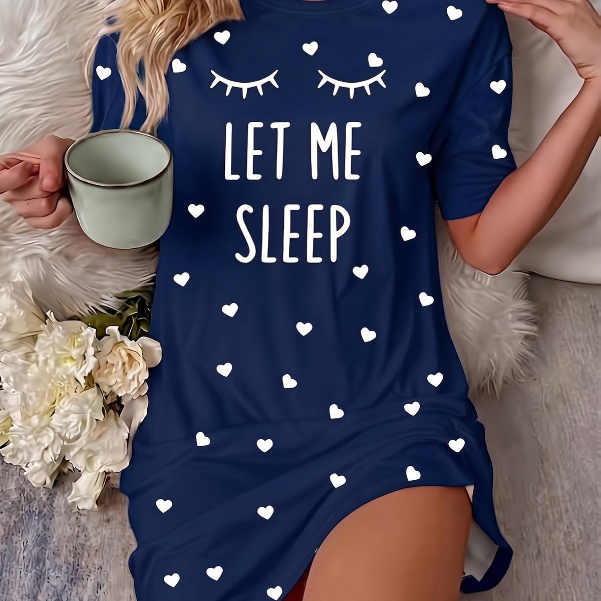"Sleep" Slogan Eyelash Nightgown - - Navy Color