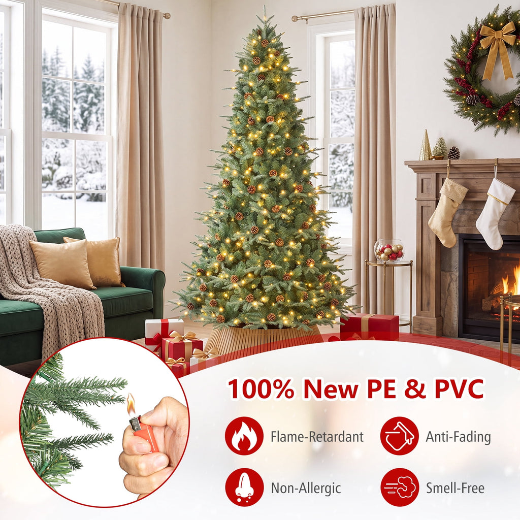 Costway 8Ft Pre-Lit Christmas Tree Hinged 600 LED Lights Pine Cones