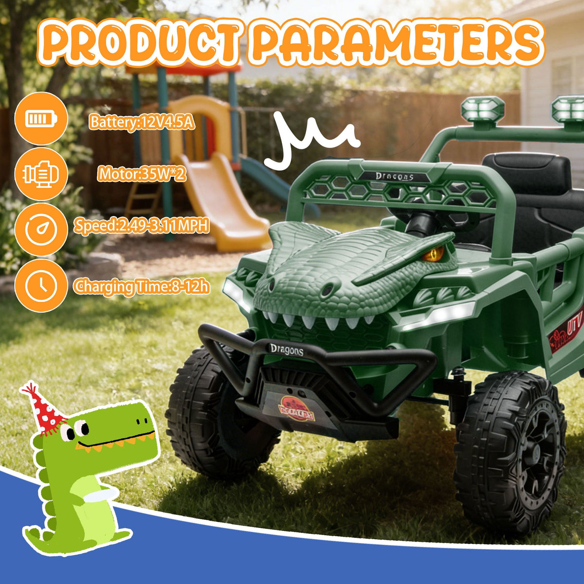 12V Dinosaur Ride on Car for Toddlers Ages 2-4, Kids Electric Ride on Toy with Remote Control, 2.49-3.11 MPH, Dual 35W Motors, Bluetooth, USB, LED, 4 Wheel Suspension Electric Cars for Kids, Green