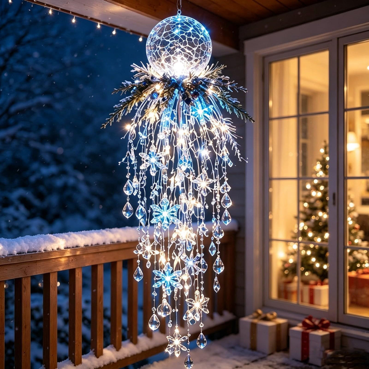 Crystal Cascade Christmas Light - Hanging Snowflake & Crystal LED Porch Decor(Blue light ball)