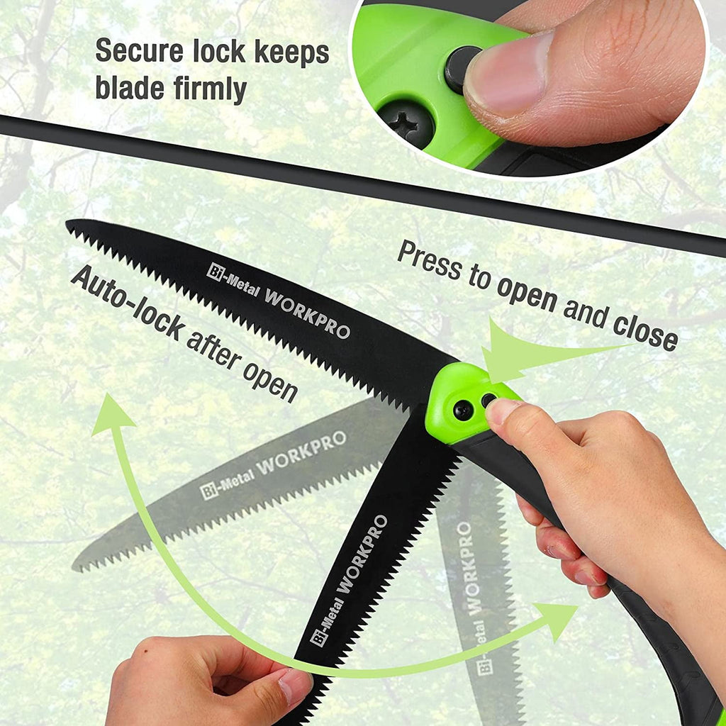 WORKPRO Folding Saw, Small Hand Pruning Saw with 7 Inch Blade - Portable Camping Saw with Triple Cut Teeth for Trees Trimming Branches Cutting Gardening Hunting, Push Button Lock