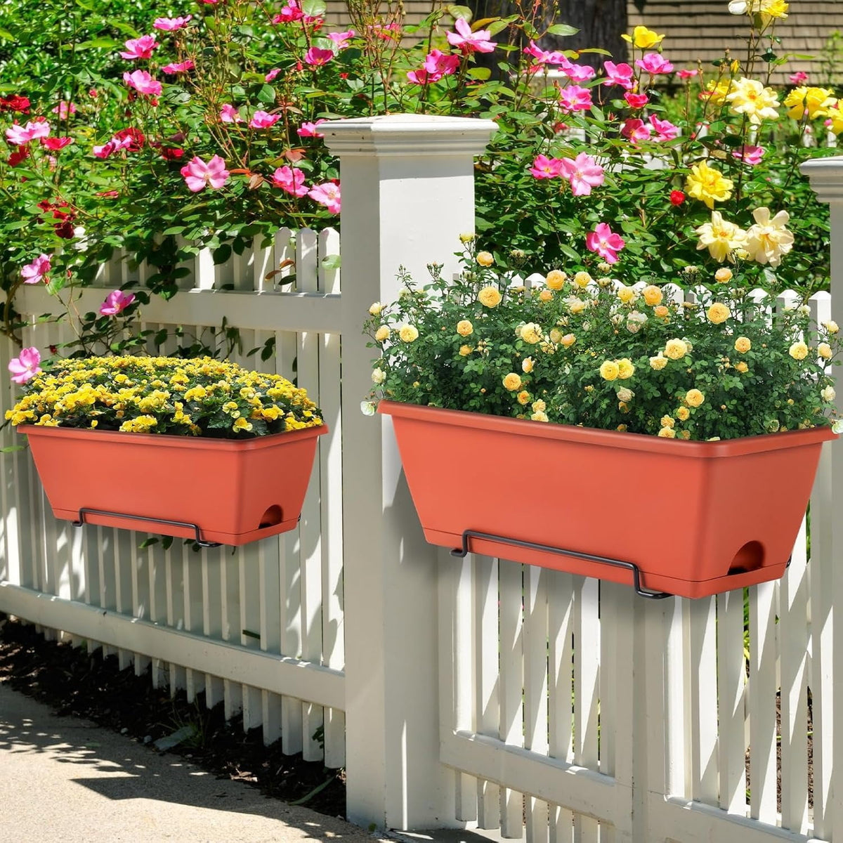 6 Pack Railing Planter Box for Balcony Fences Garden, 16.9 Inch Deck Railing Planter Boxes for Plants, Rectangular Hanging Window Boxes Planters, Red