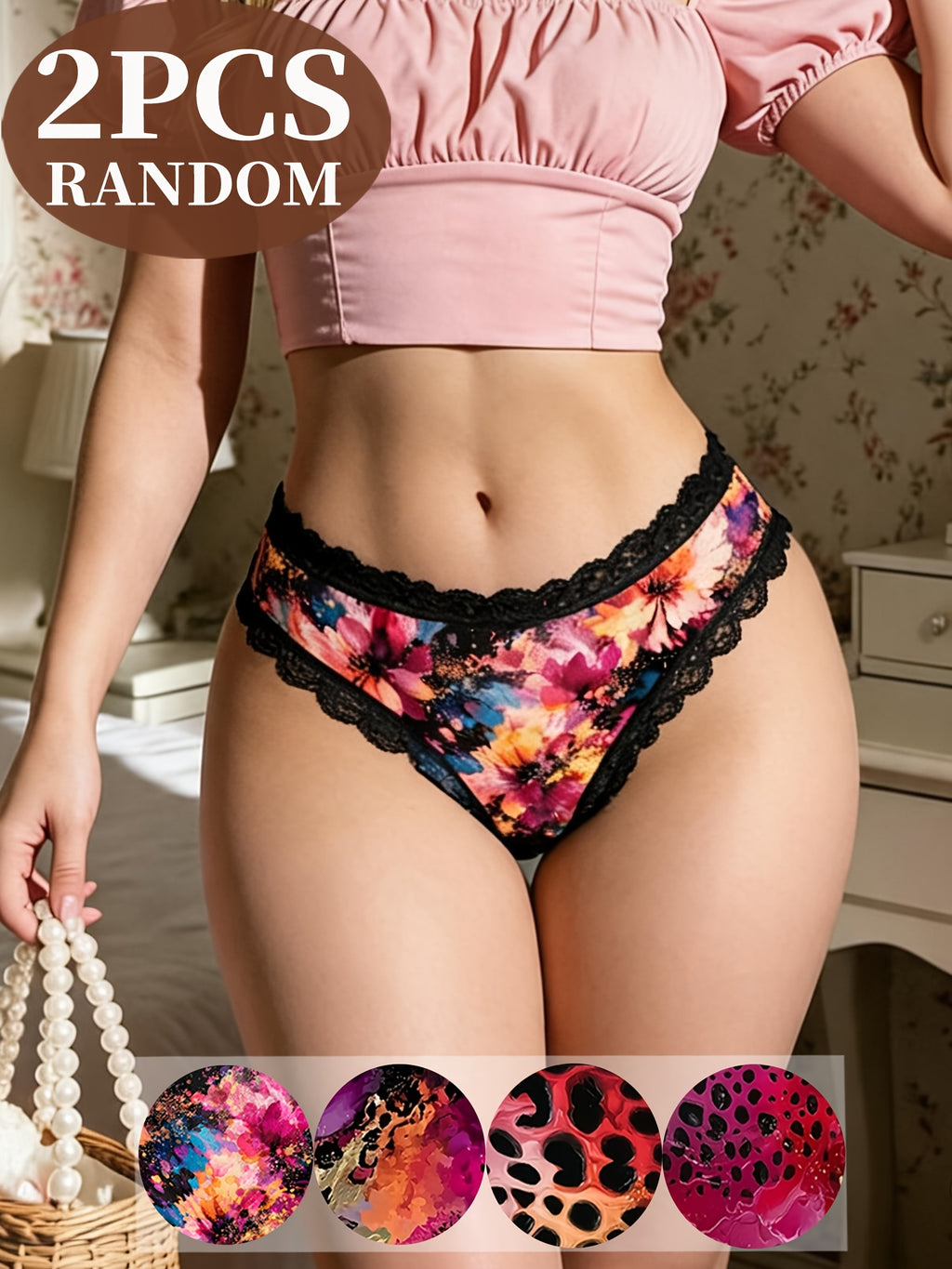 Random 2-Pack Floral Leopard Print Lace  Panties,