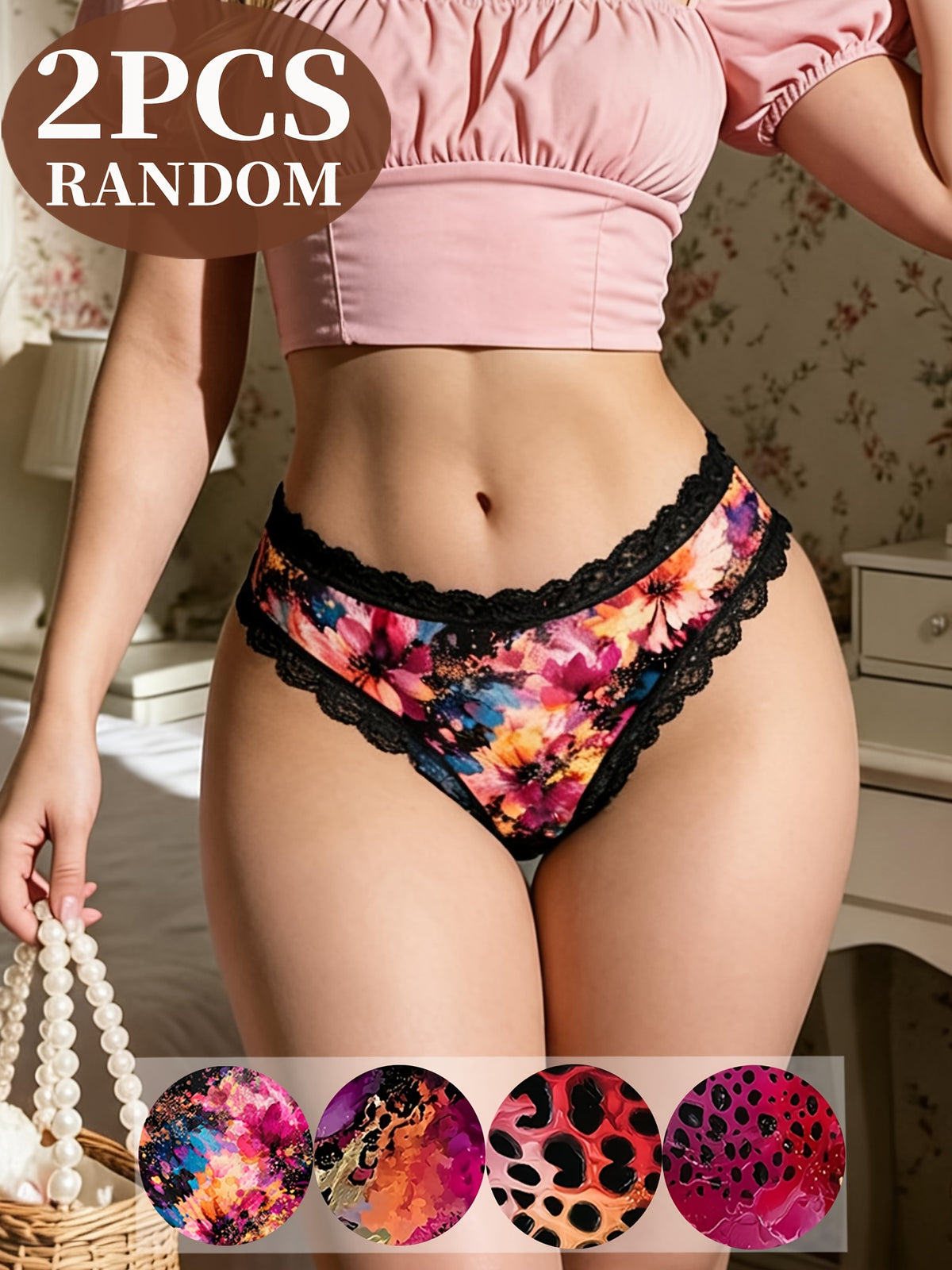 Random 2-Pack Floral Leopard Print Lace  Panties,