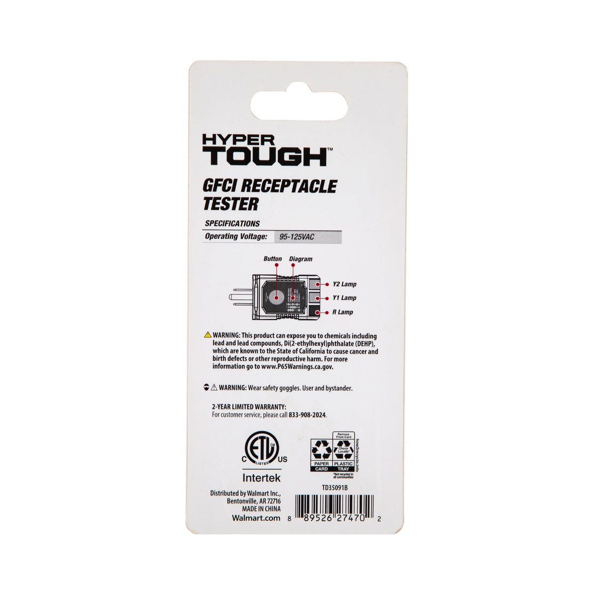 Hyper Tough GFCI Receptacle Tester with Wiring Fault Indicator, 95–125V AC