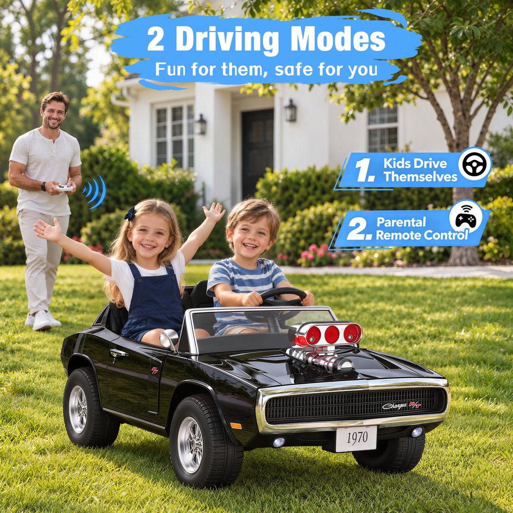 iYofe 24V 2 Seater Licensed 1970 Dodge Charger R/T Powered Ride on Cars, Kids Electric Toys Car with Remote Control, 4 Wheels Spring Suspension, Black