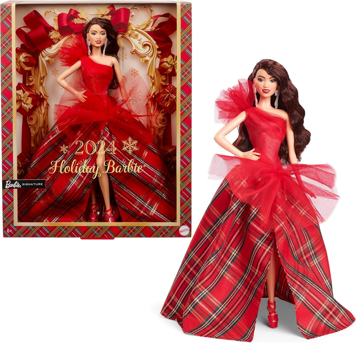 Barbie Dolls, Seasonal Collector Toy, Barbie Signature, Plaid Gown with Red Bow, Displayable Packaging, Dark Brown Hair Exclusive