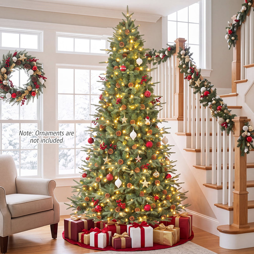Costway 8Ft Pre-Lit Christmas Tree Hinged 600 LED Lights Pine Cones