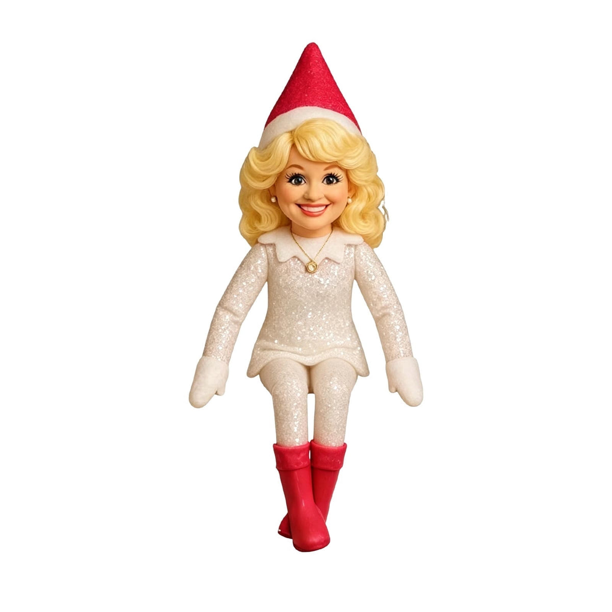 Dolly Blonde Christmas Shelf Elf Doll Figurine, Sparkly White Country Diva Holiday Sitting Toy, Festive Home Mantel Bookshelf Decor Gifts