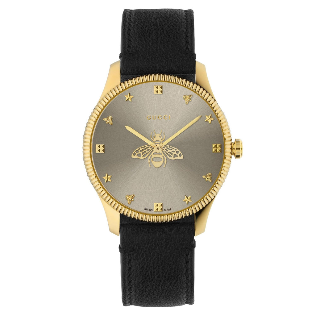 Gucci G Timeless Gold Tone Black Leather Quartz Watch Ya1264181