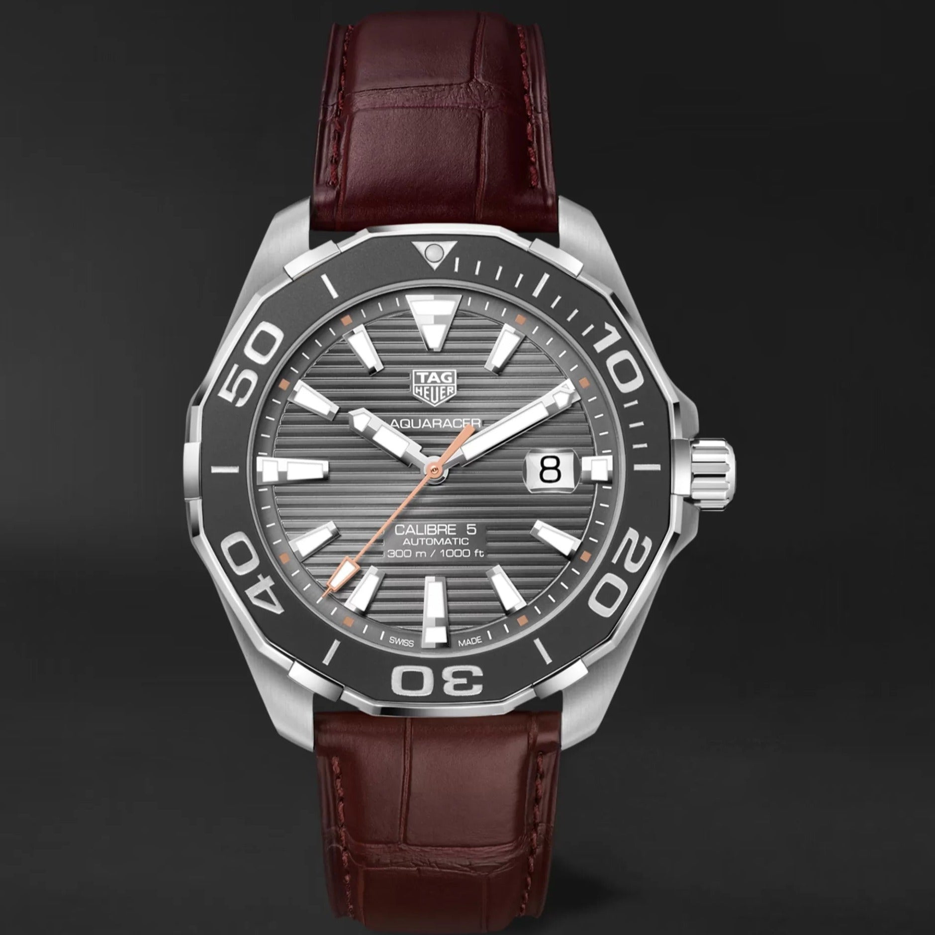 Tag Heuer Aquaracer Caliber 5 Black Dial Brown Leather Strap Watch For Men Way201m Fc6474