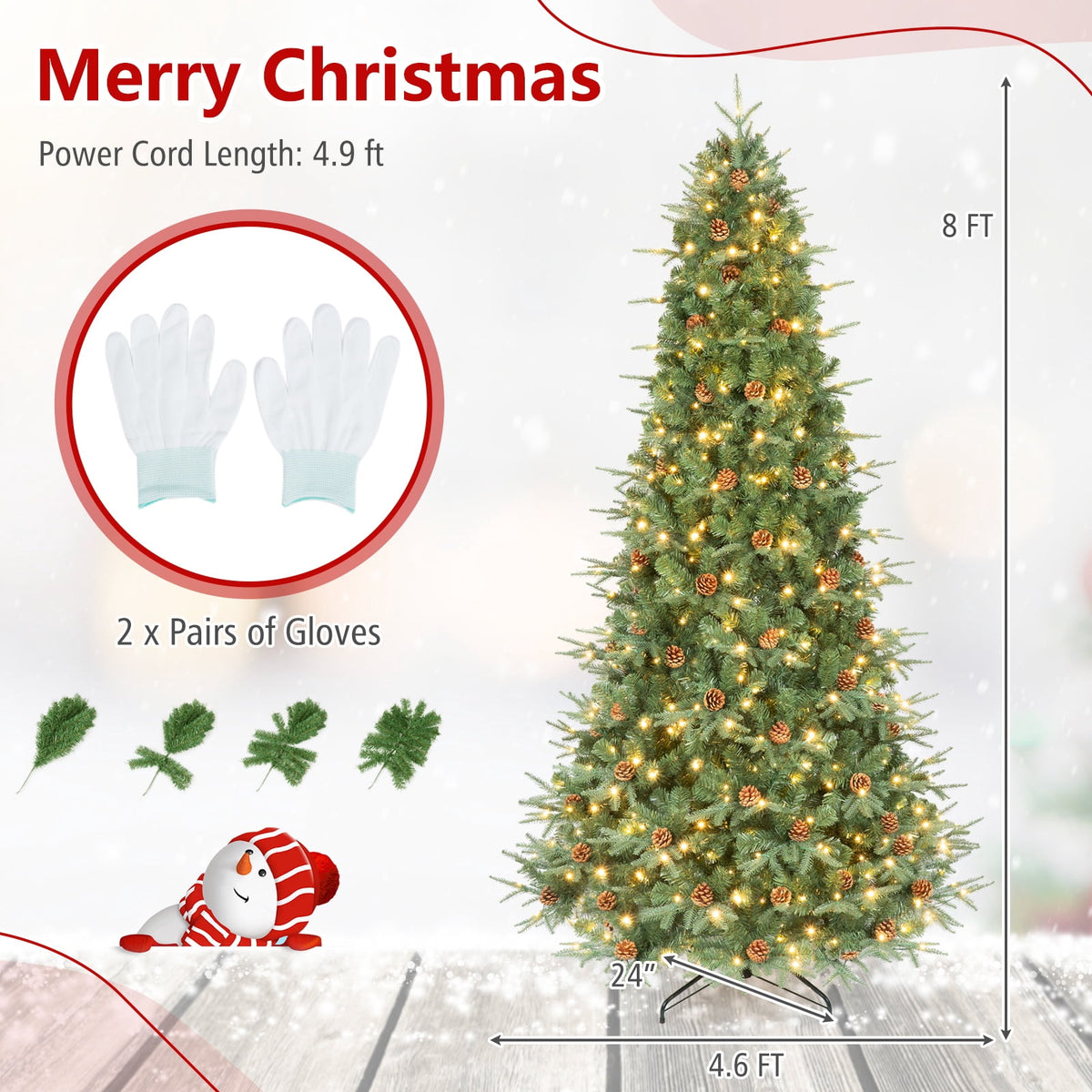 Costway 8Ft Pre-Lit Christmas Tree Hinged 600 LED Lights Pine Cones
