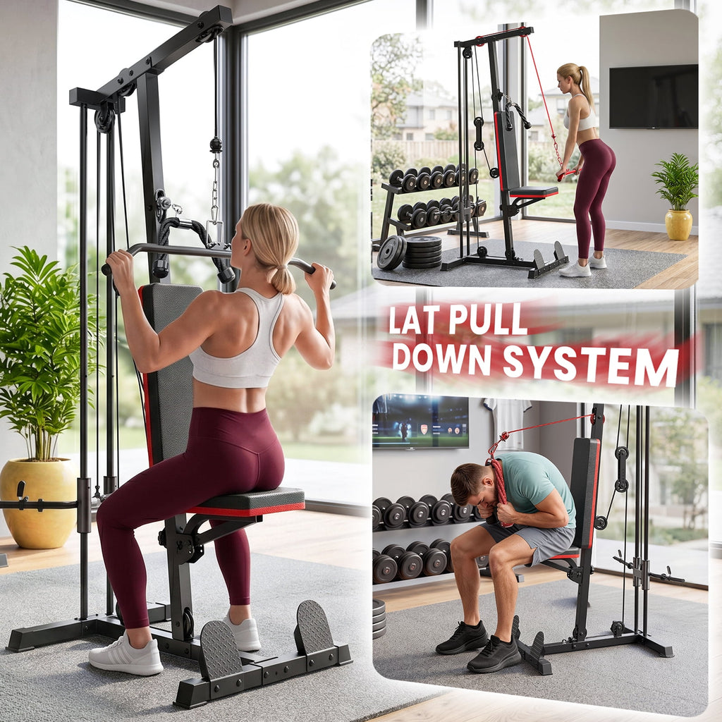 Home Gym Station with Lat Pulldown Seated Row Ab Crunch – 3-in-1 Cable Machine Includes 11lbs Weight Plates, Triceps Rope, Lat Bar, Cable Bar, Resistance Band Hooks