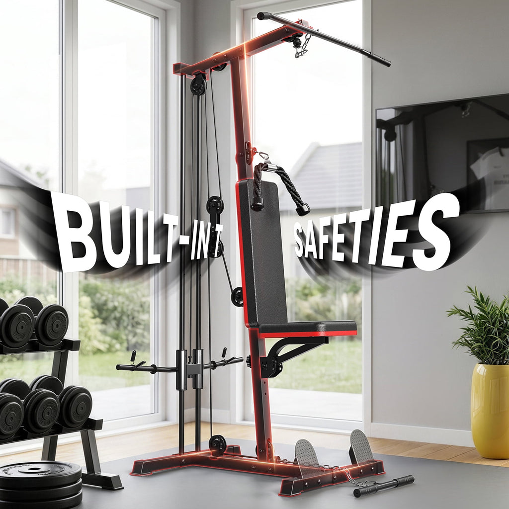 Home Gym Station with Lat Pulldown Seated Row Ab Crunch – 3-in-1 Cable Machine Includes 11lbs Weight Plates, Triceps Rope, Lat Bar, Cable Bar, Resistance Band Hooks