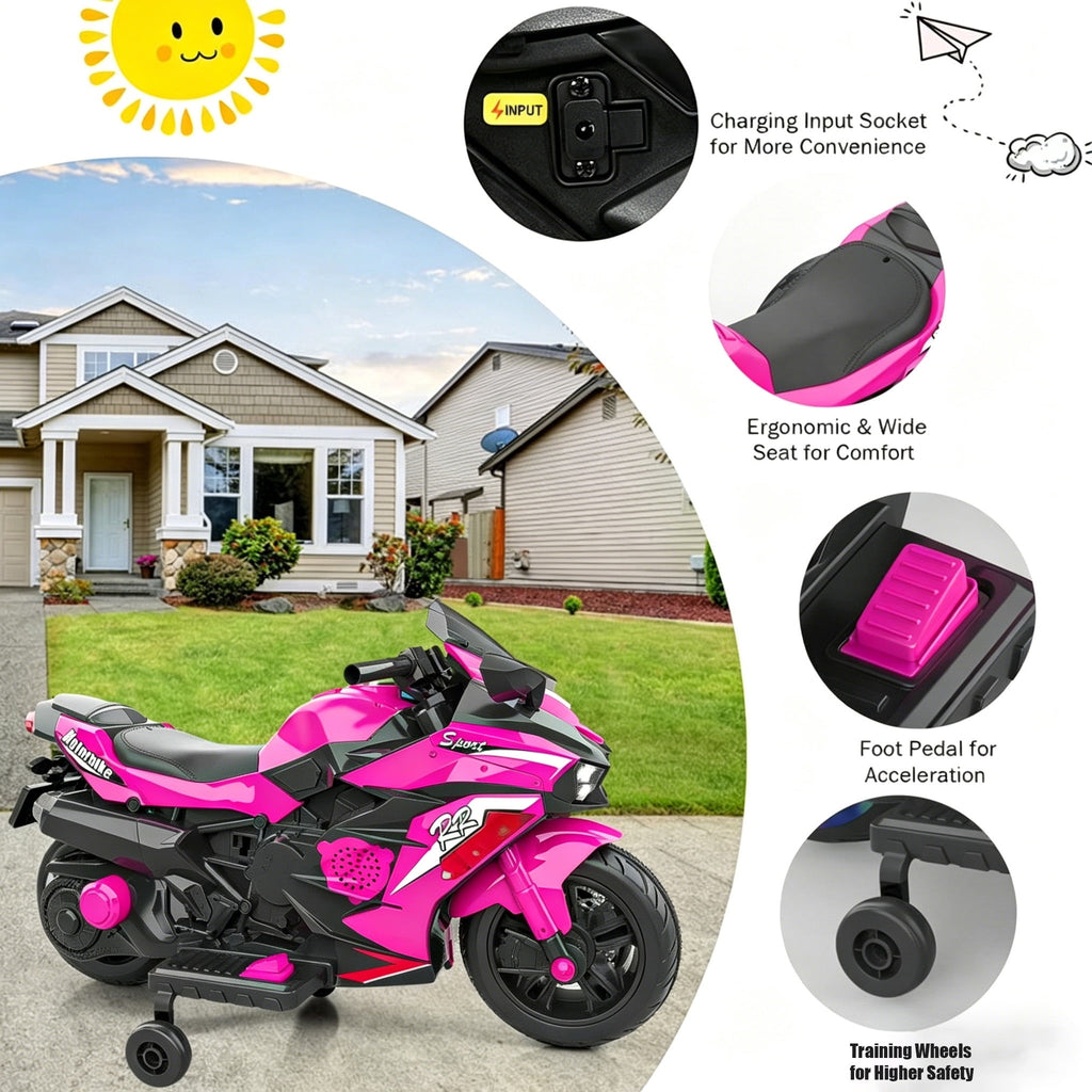 ZOGYMOZ 12V Kids Ride On Motorcycle, Battery Powered Motorcycle Toy, Pink Electric Motorcycle for Girls