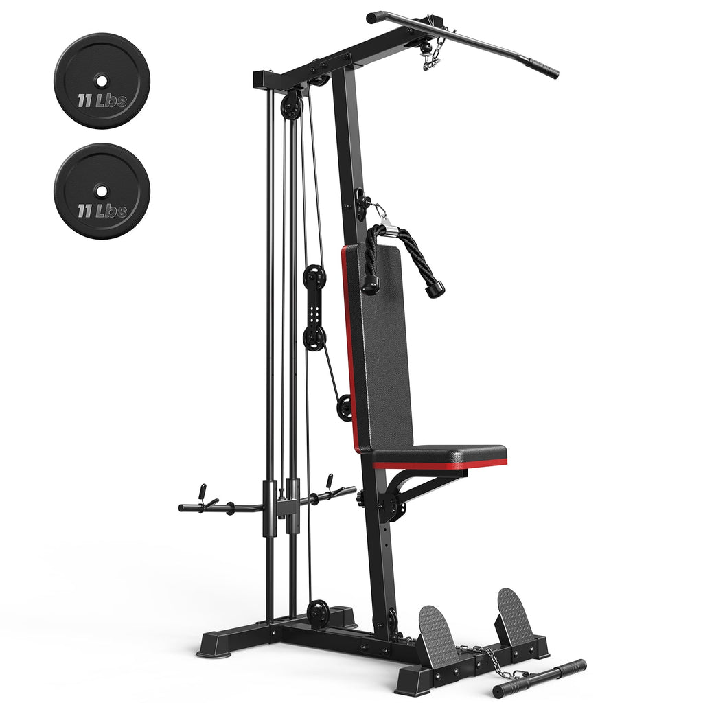 Home Gym Station with Lat Pulldown Seated Row Ab Crunch – 3-in-1 Cable Machine Includes 11lbs Weight Plates, Triceps Rope, Lat Bar, Cable Bar, Resistance Band Hooks