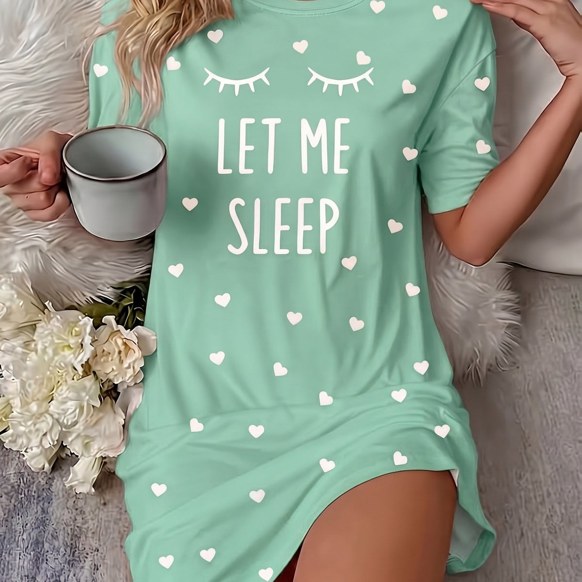 "Sleep" Slogan Eyelash Nightgown - - Mint Green