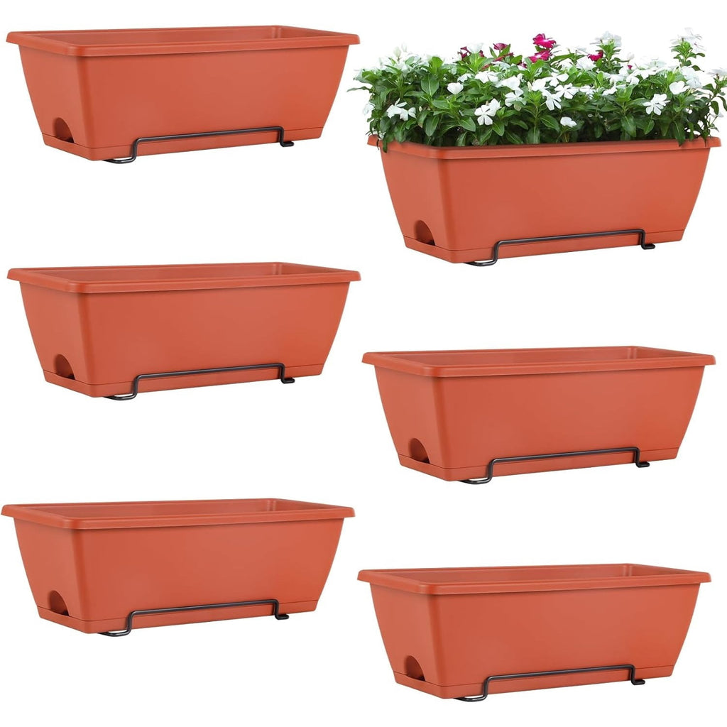 6 Pack Railing Planter Box for Balcony Fences Garden, 16.9 Inch Deck Railing Planter Boxes for Plants, Rectangular Hanging Window Boxes Planters, Red