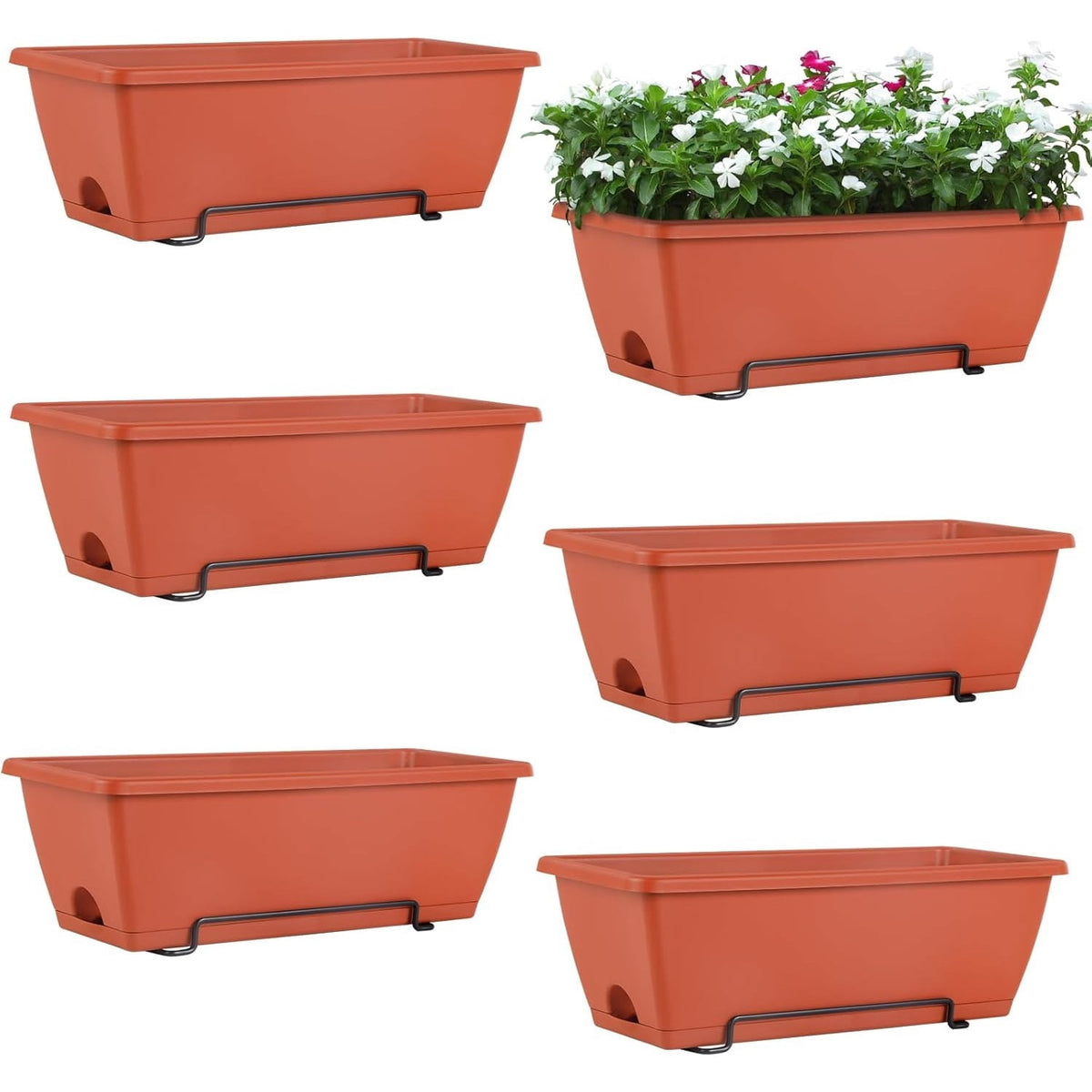 6 Pack Railing Planter Box for Balcony Fences Garden, 16.9 Inch Deck Railing Planter Boxes for Plants, Rectangular Hanging Window Boxes Planters, Red