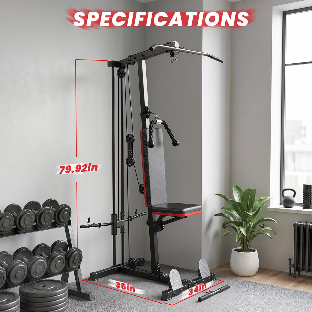 Home Gym Station with Lat Pulldown Seated Row Ab Crunch – 3-in-1 Cable Machine Includes 11lbs Weight Plates, Triceps Rope, Lat Bar, Cable Bar, Resistance Band Hooks