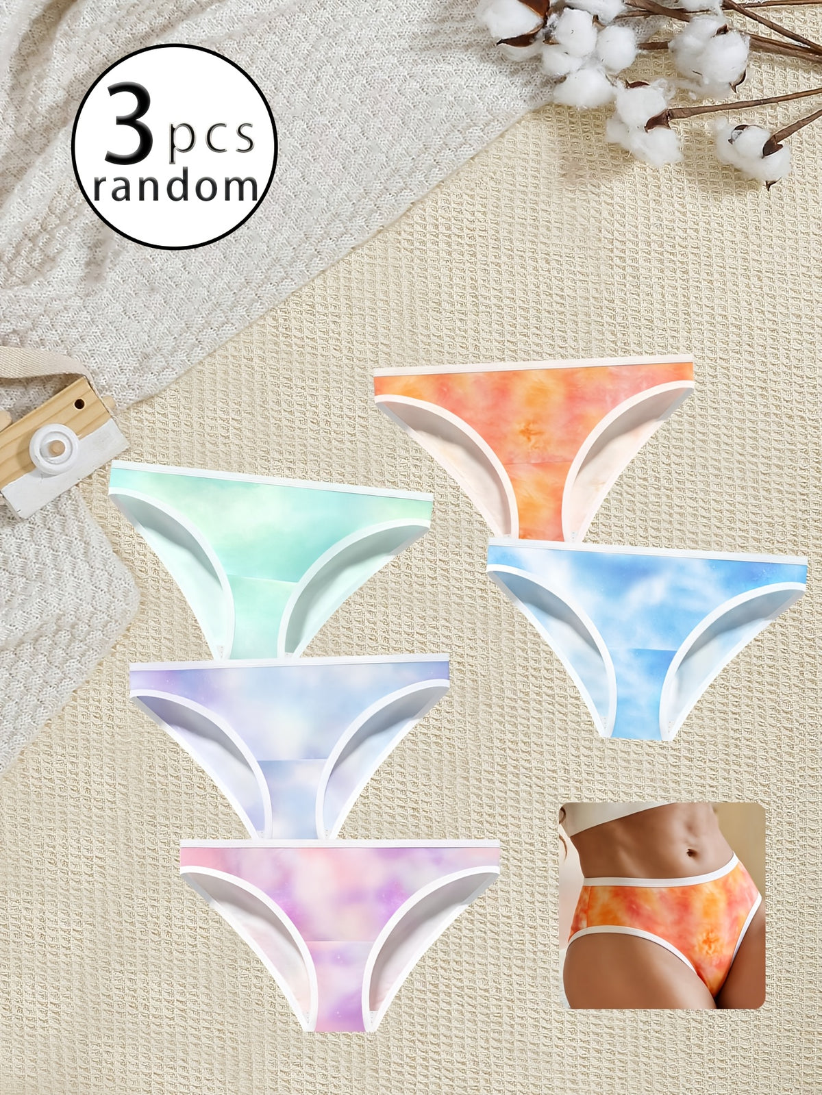 3-Pack  Tie-Dye Cloud Print Bikini Panties, Low Rise, High Stretch,
