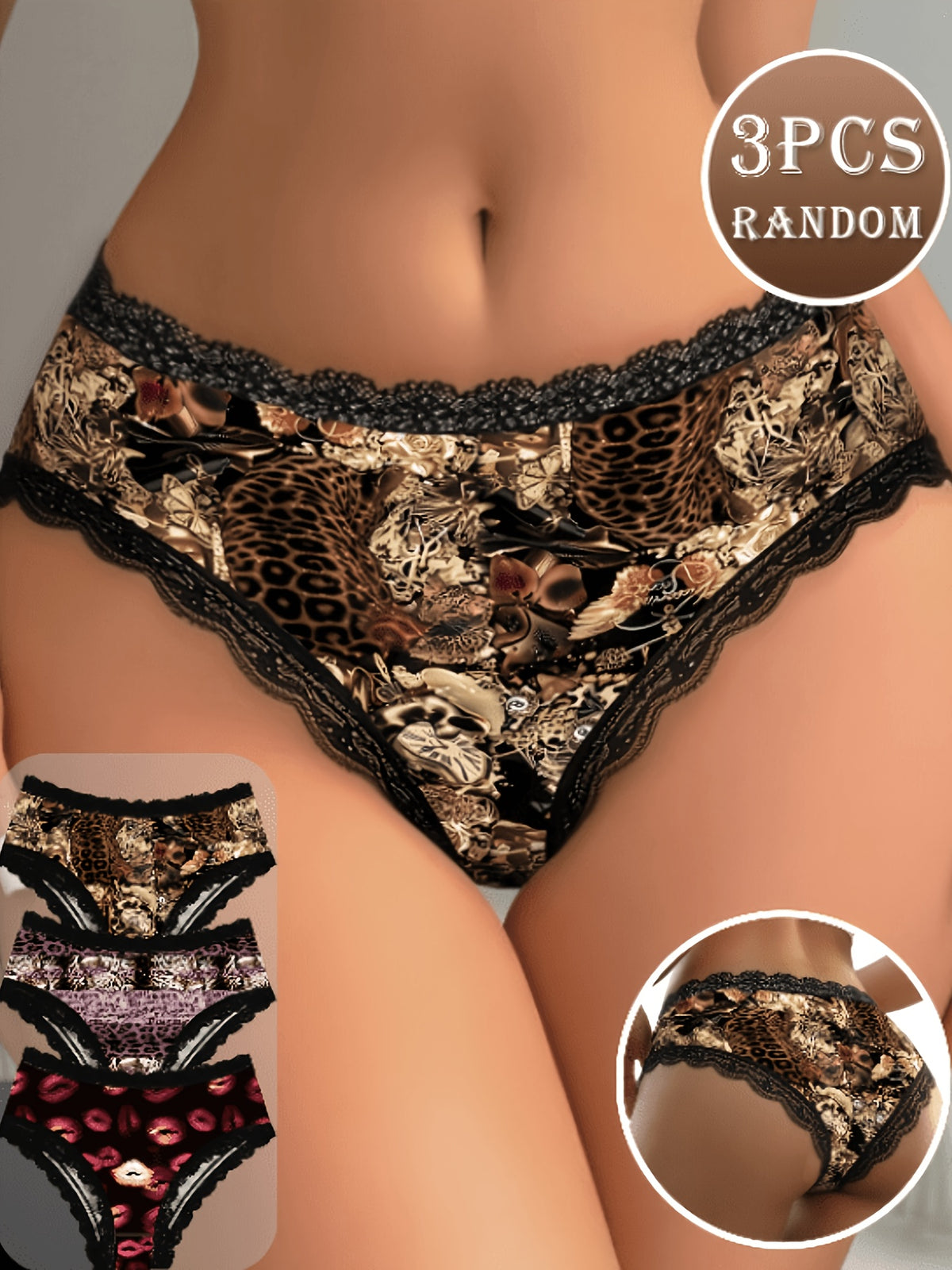 Random 3-Pack  Leopard Print And Lips Pattern Lace Triangle Panties -
