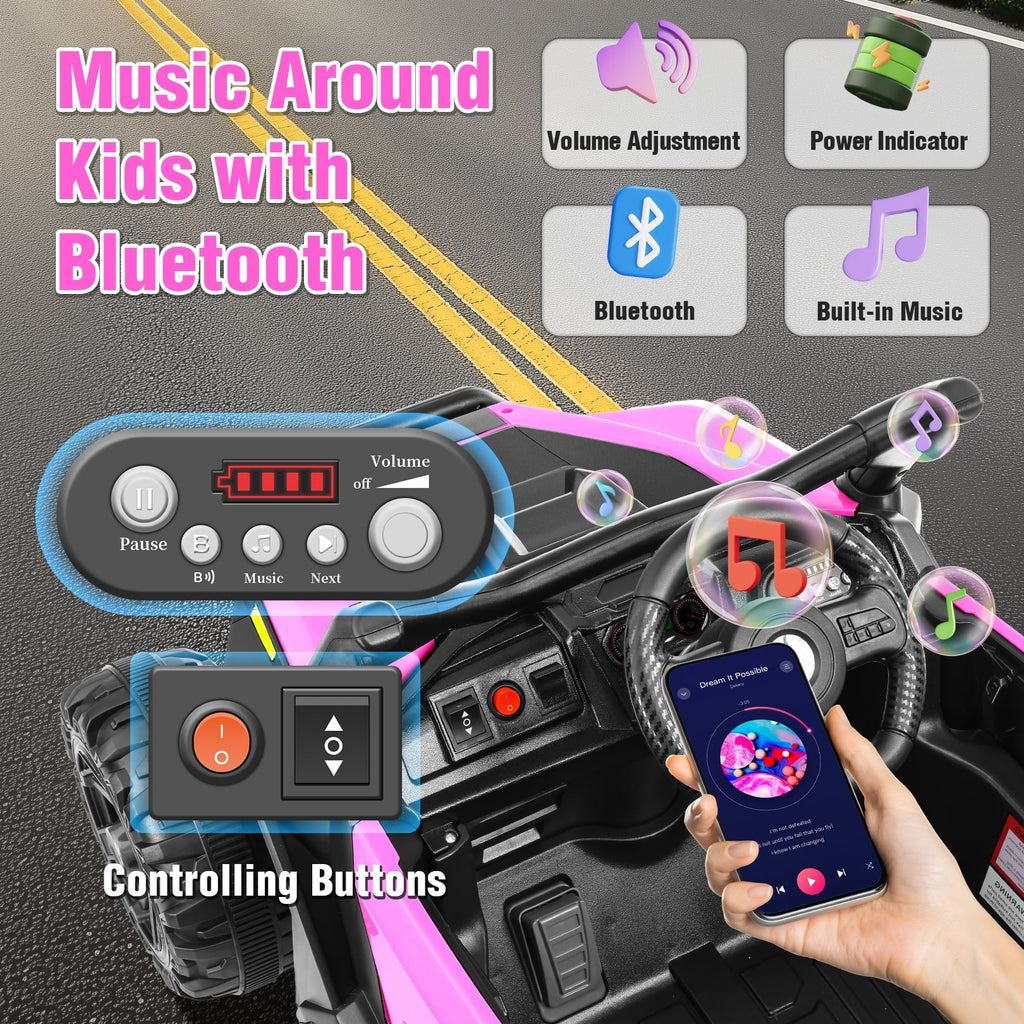 Funcid 24 Volt Ride on Toys with Remote Control & Battery Indicator, 400W Ride on UTV, Electric Car for Kids w/ Bluetooth, Music, LED Lights, Volume Adjustment Knob, 3 Speeds, Pink