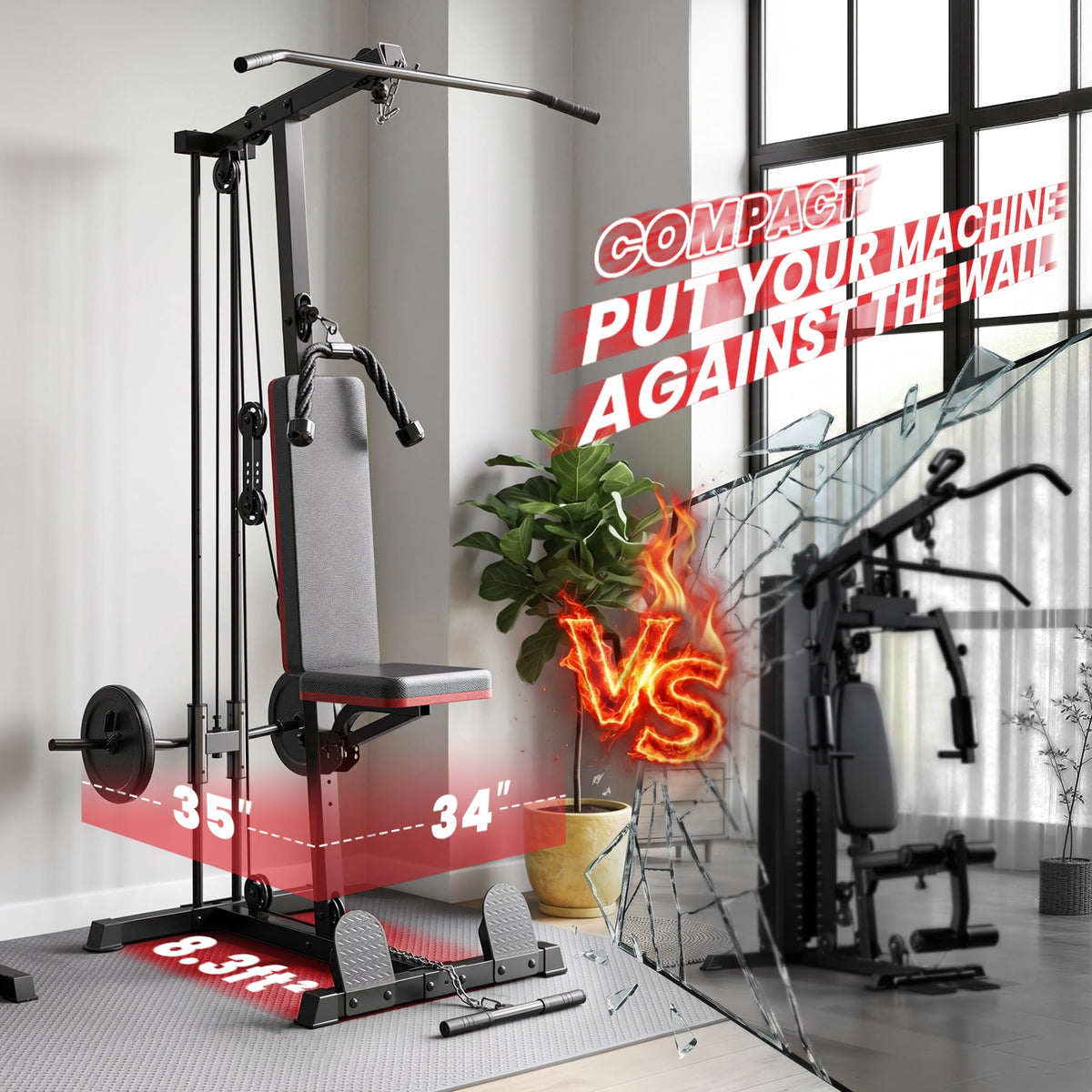 Home Gym Station with Lat Pulldown Seated Row Ab Crunch – 3-in-1 Cable Machine Includes 11lbs Weight Plates, Triceps Rope, Lat Bar, Cable Bar, Resistance Band Hooks