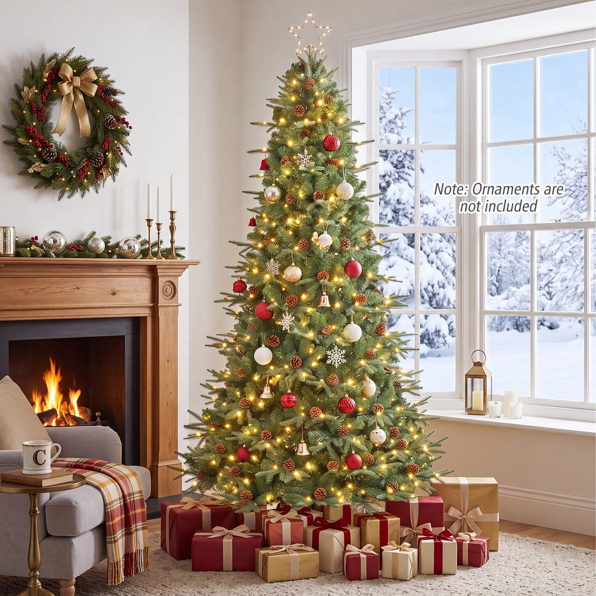 Costway 8Ft Pre-Lit Christmas Tree Hinged 600 LED Lights Pine Cones
