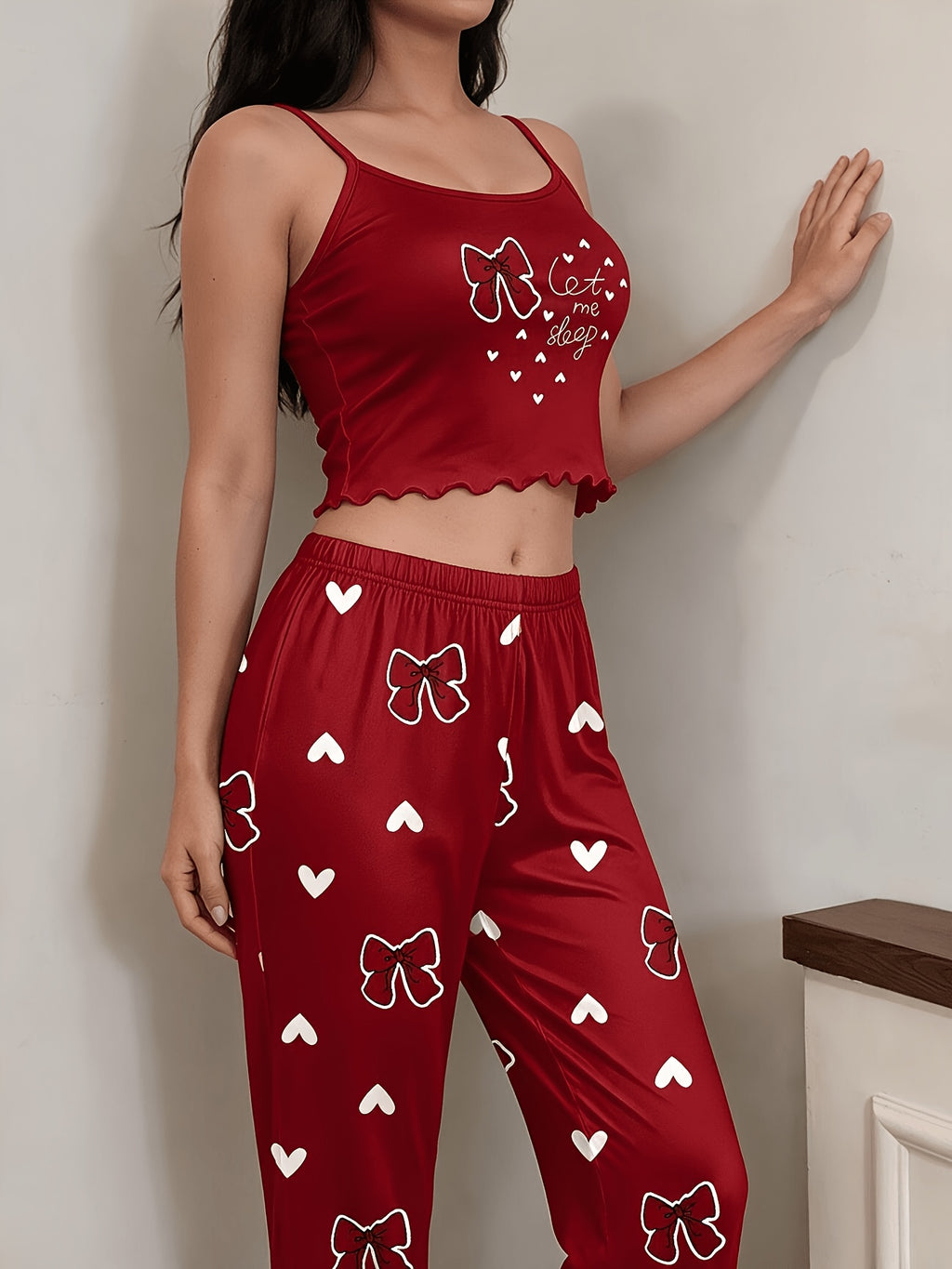 Comfortable Casual Red Heart Letter Bow Camisole Top + Long Pants Pajama Set