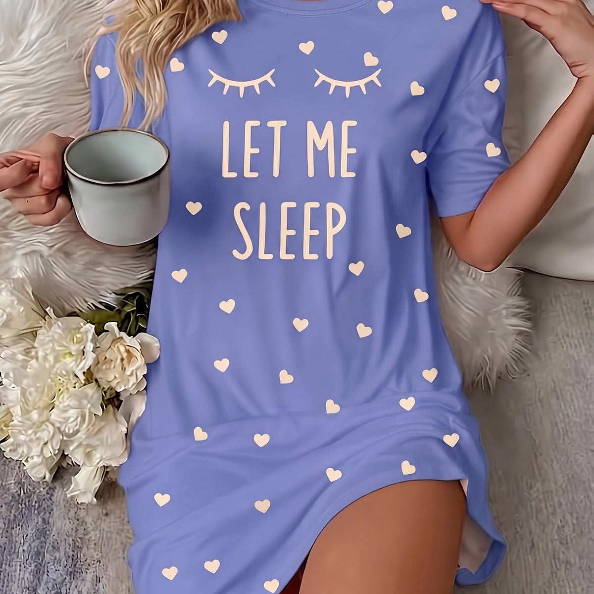 "Sleep" Slogan Eyelash Nightgown - - Blue Purple