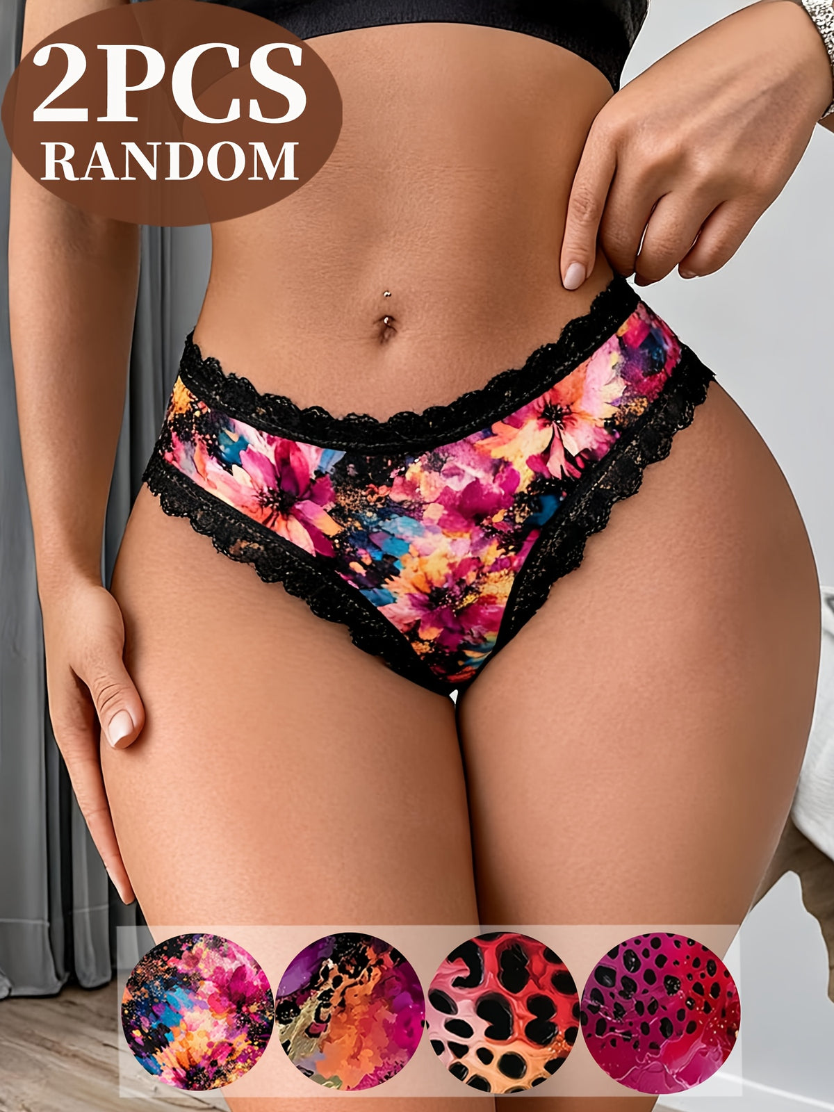Random 2-Pack Floral Leopard Print Lace  Panties,