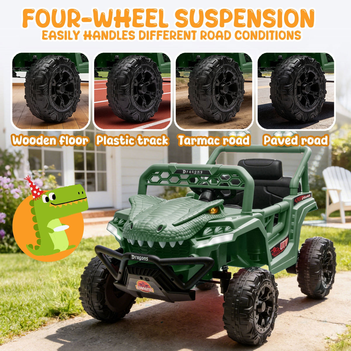 12V Dinosaur Ride on Car for Toddlers Ages 2-4, Kids Electric Ride on Toy with Remote Control, 2.49-3.11 MPH, Dual 35W Motors, Bluetooth, USB, LED, 4 Wheel Suspension Electric Cars for Kids, Green