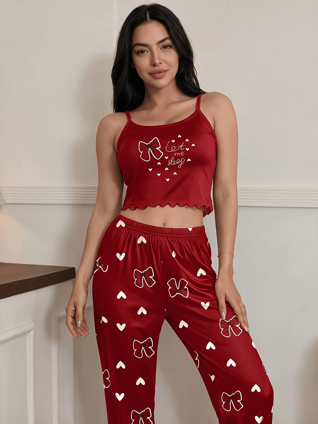 Comfortable Casual Red Heart Letter Bow Camisole Top + Long Pants Pajama Set