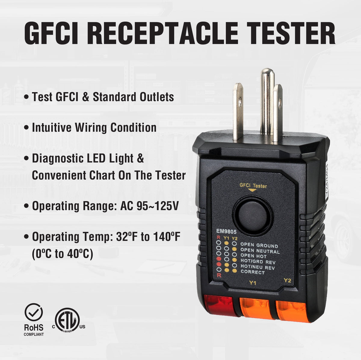 Hyper Tough GFCI Receptacle Tester with Wiring Fault Indicator, 95–125V AC