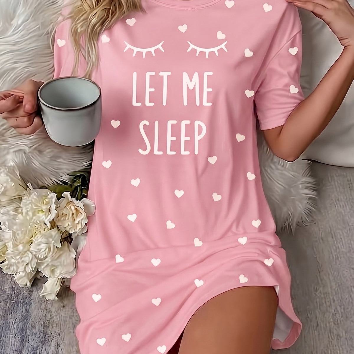 "Sleep" Slogan Eyelash Nightgown - - Pink Red Color