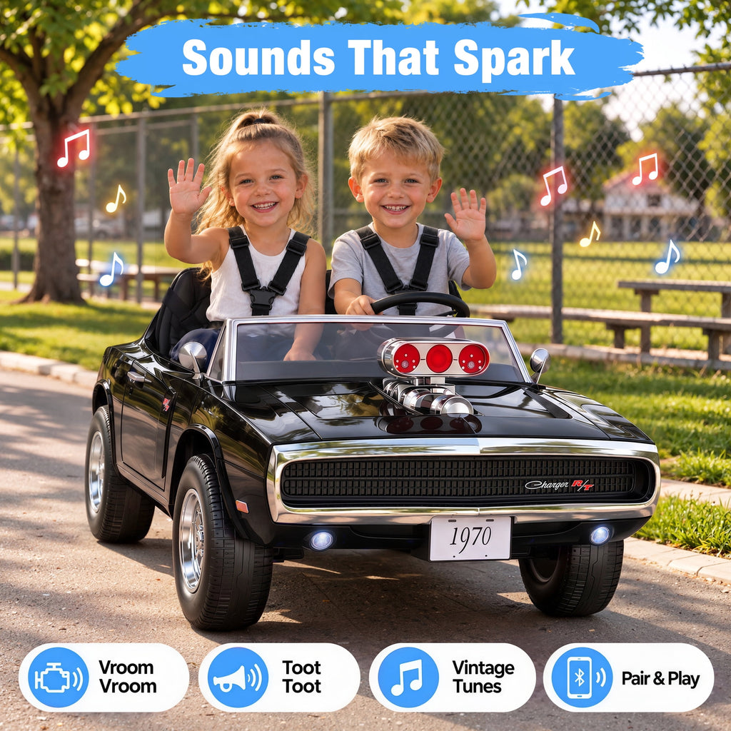 iYofe 24V 2 Seater Licensed 1970 Dodge Charger R/T Powered Ride on Cars, Kids Electric Toys Car with Remote Control, 4 Wheels Spring Suspension, Black