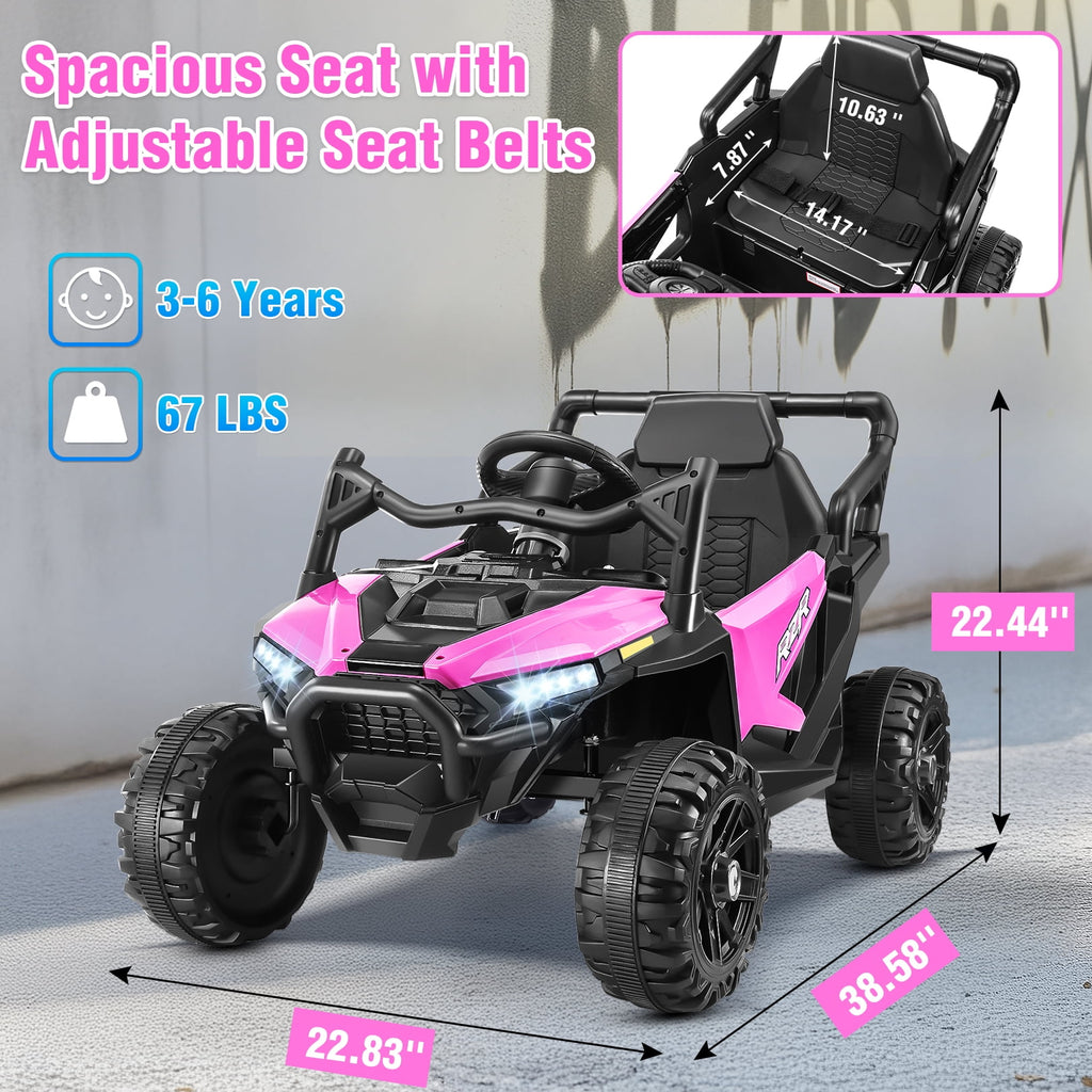 Funcid 24 Volt Ride on Toys with Remote Control & Battery Indicator, 400W Ride on UTV, Electric Car for Kids w/ Bluetooth, Music, LED Lights, Volume Adjustment Knob, 3 Speeds, Pink