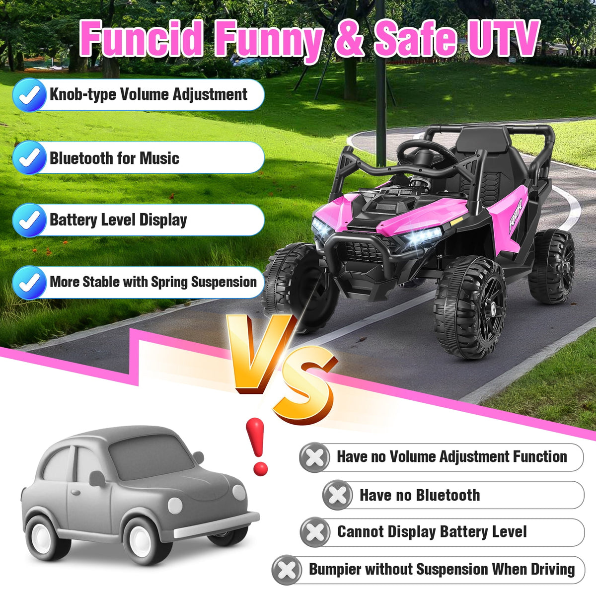 Funcid 24 Volt Ride on Toys with Remote Control & Battery Indicator, 400W Ride on UTV, Electric Car for Kids w/ Bluetooth, Music, LED Lights, Volume Adjustment Knob, 3 Speeds, Pink